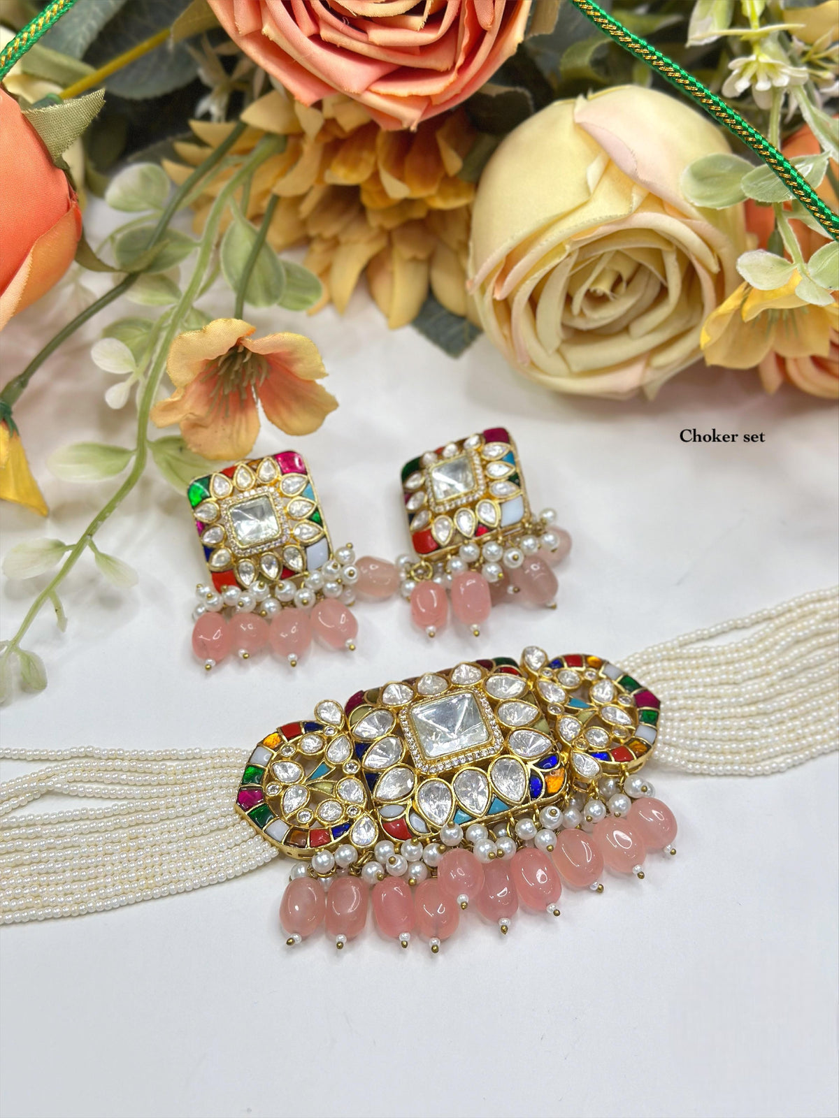 Pearl & Kundan Green Choker Necklace Set β Elegant Bridal Jewelry with Beaded Detailing - Libasaa.com