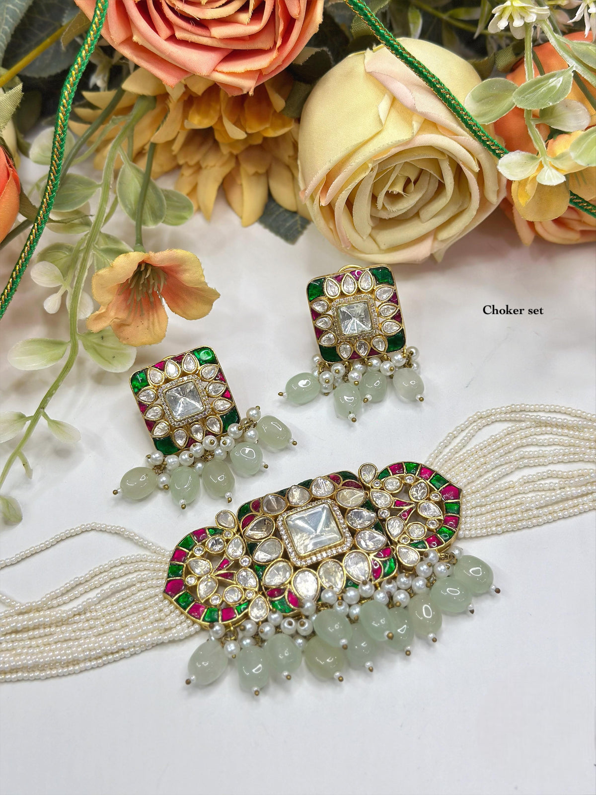 Pearl & Kundan Green Choker Necklace Set β Elegant Bridal Jewelry with Beaded Detailing - Libasaa.com