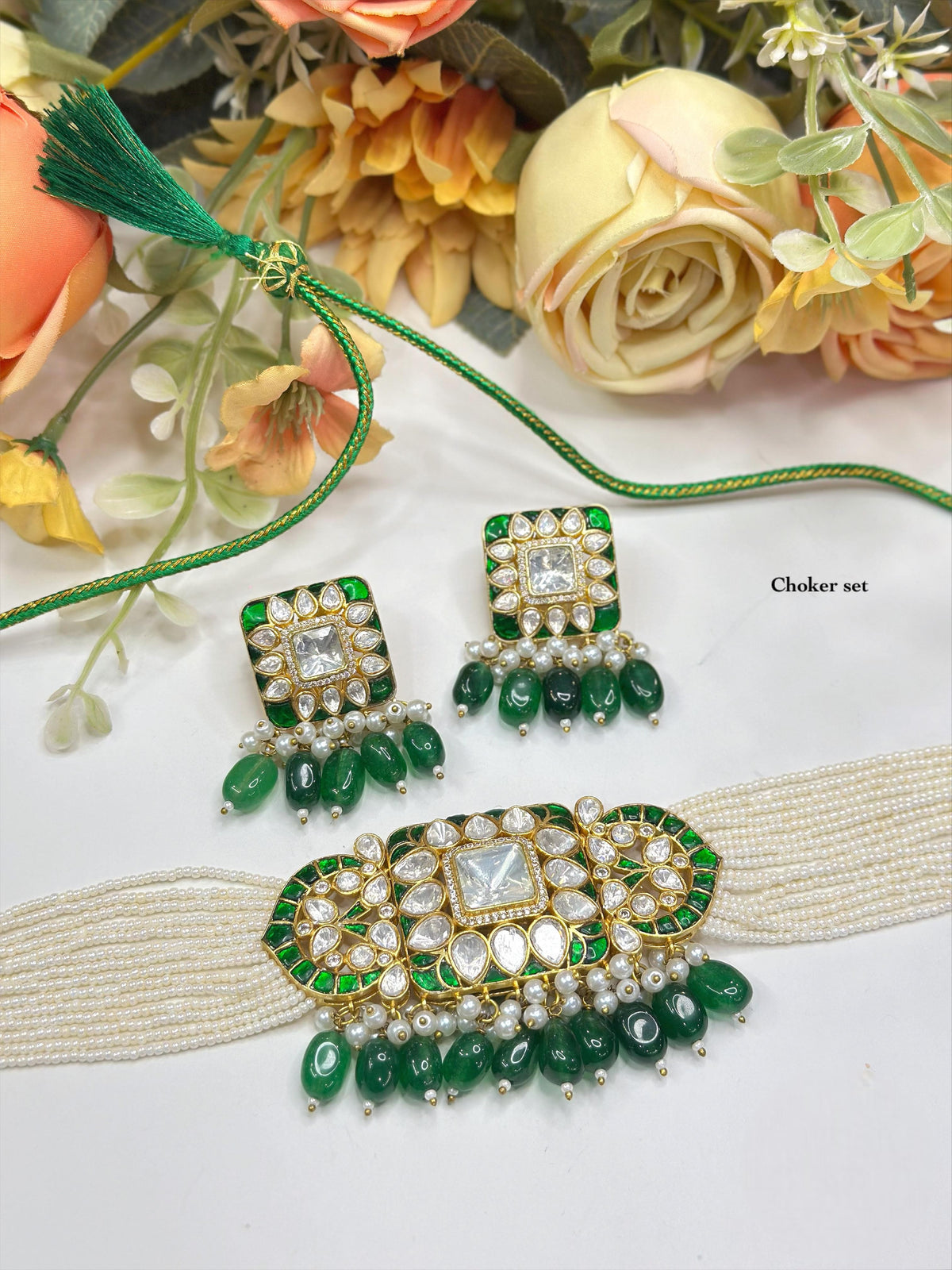 Pearl & Kundan Green Choker Necklace Set β Elegant Bridal Jewelry with Beaded Detailing - Libasaa.com