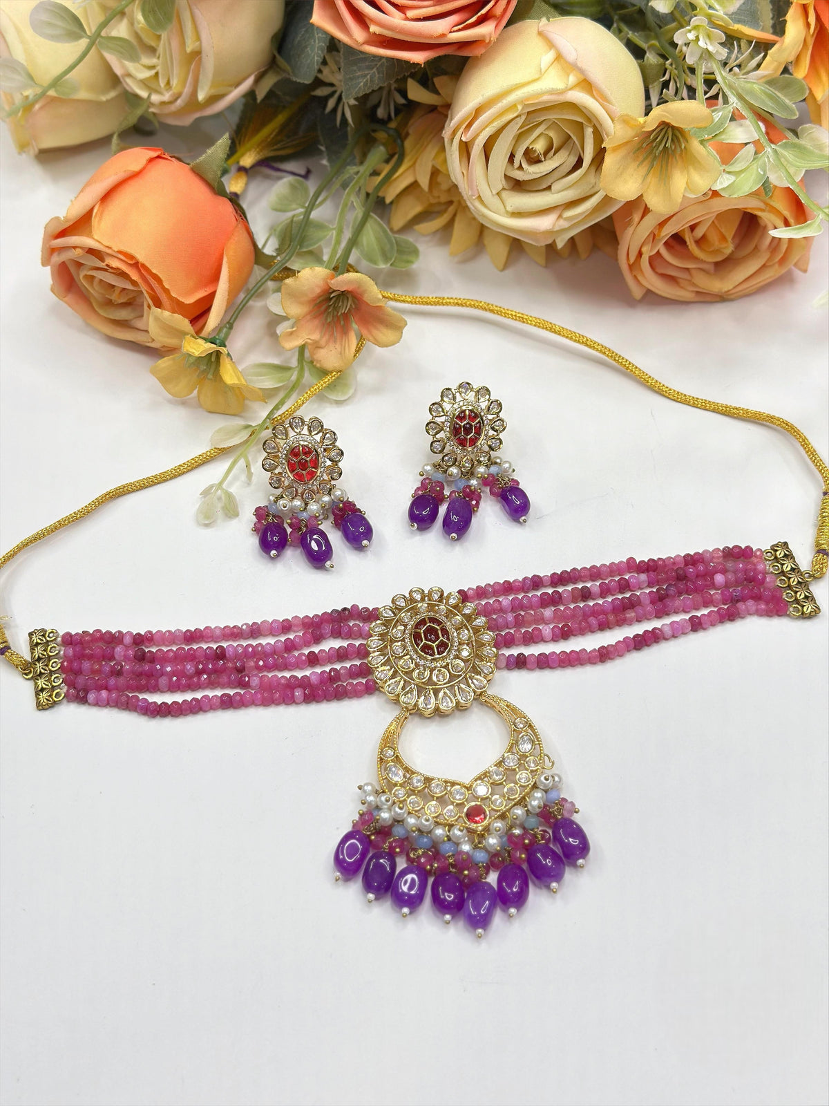 Royal Pink Beaded Choker Necklace Set with Purple Drops & Kundan Centerpiece - Libasaa.com