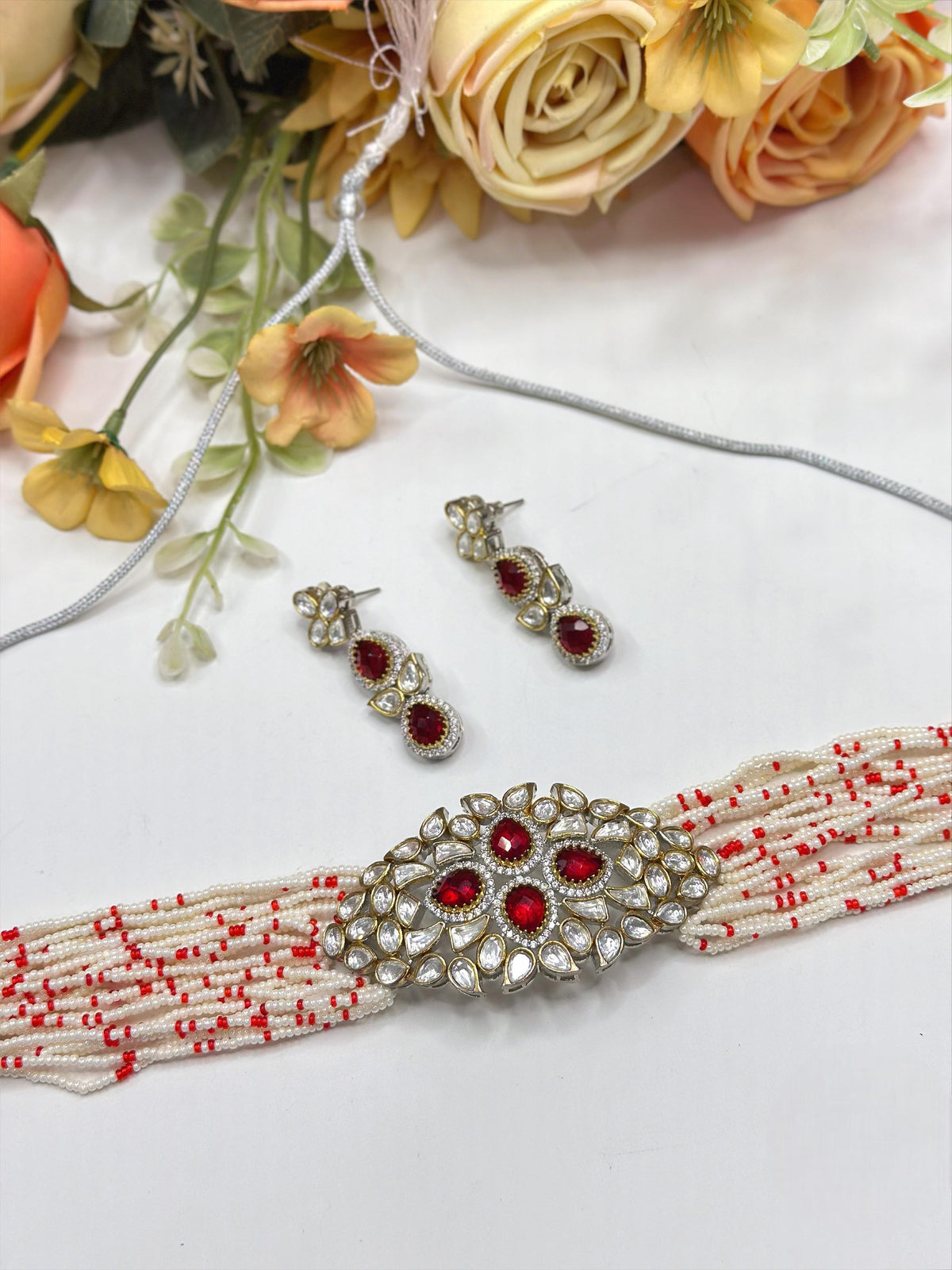 Pearl & Red Beaded Multi-Strand Choker Set with Kundan Centerpiece - Libasaa.com