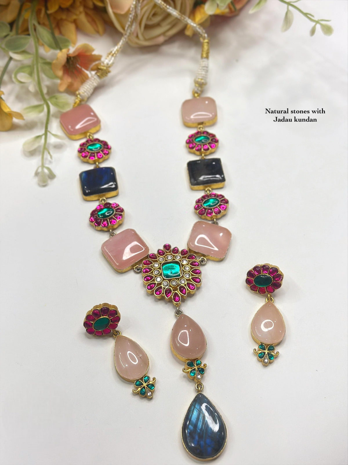Natural Stone & Jadau Kundan Necklace Set - Libasaa.com
