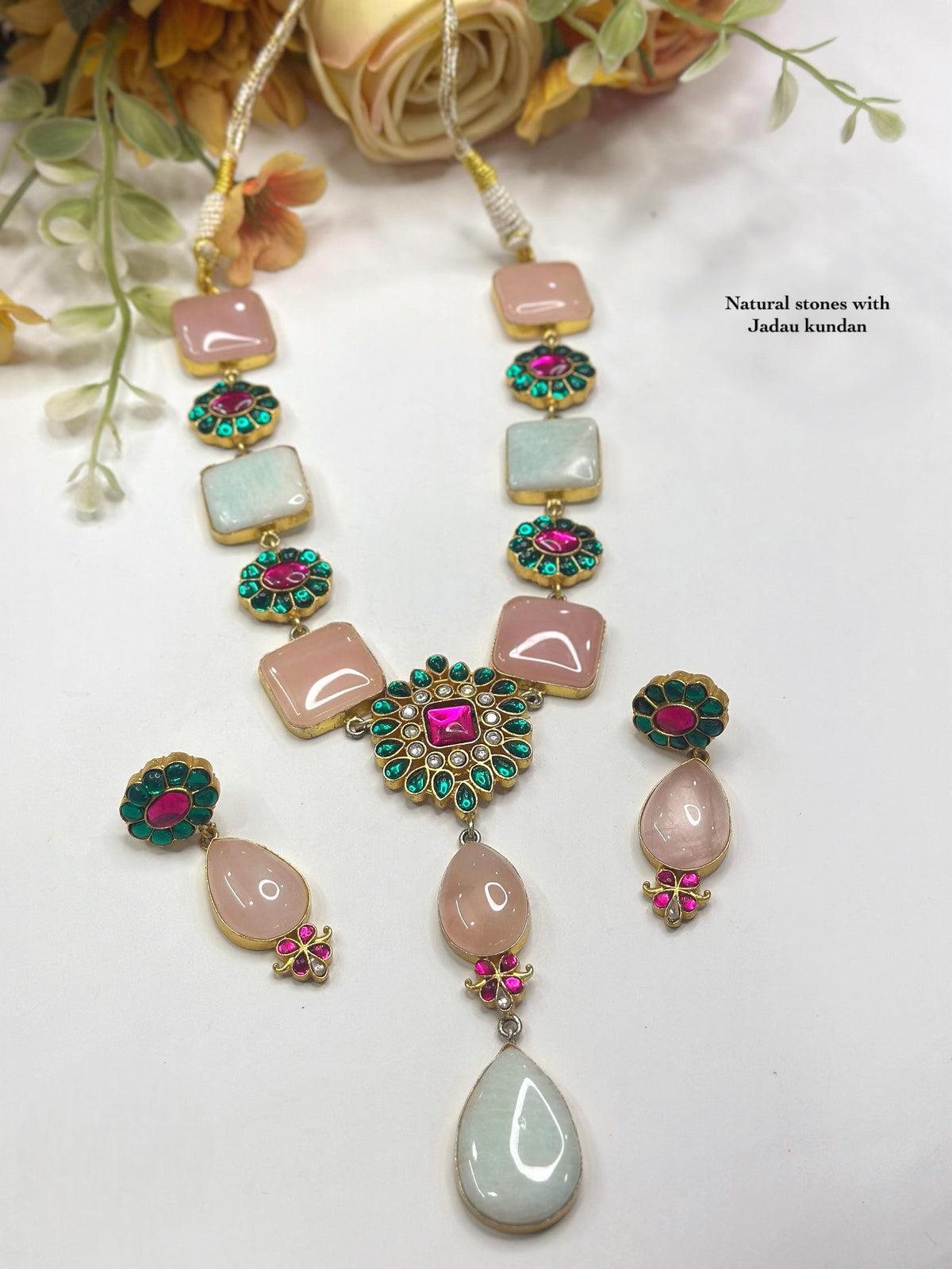 Natural Stone & Jadau Kundan Necklace Set - Libasaa.com