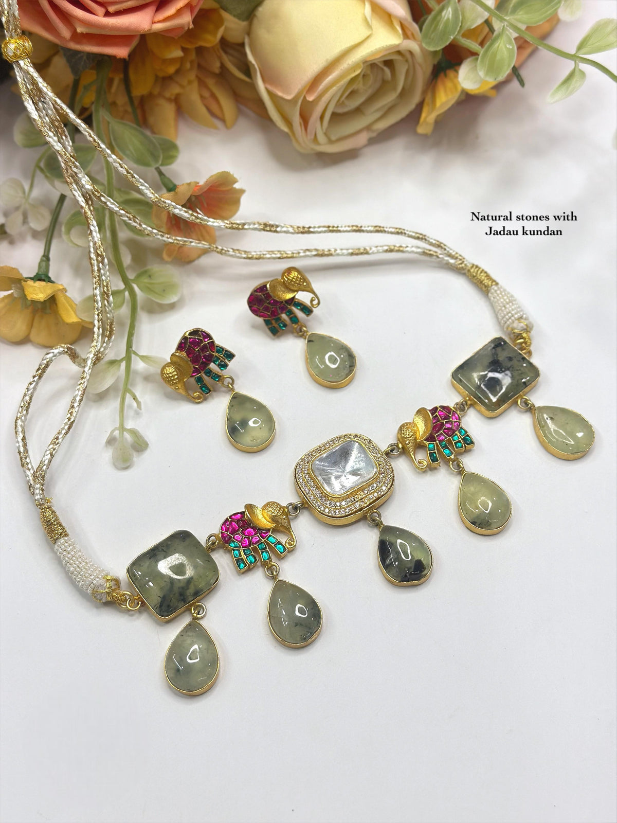 Elephant Motif Jadau Kundan Necklace Set with Matching Earrings - Libasaa.com