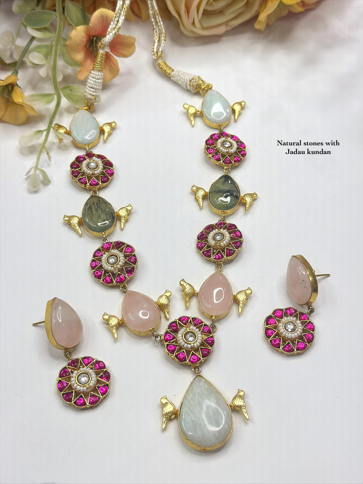 Natural Stone & Jadau Kundan Bird Motif Necklace Set with Matching Earrings - Libasaa.com