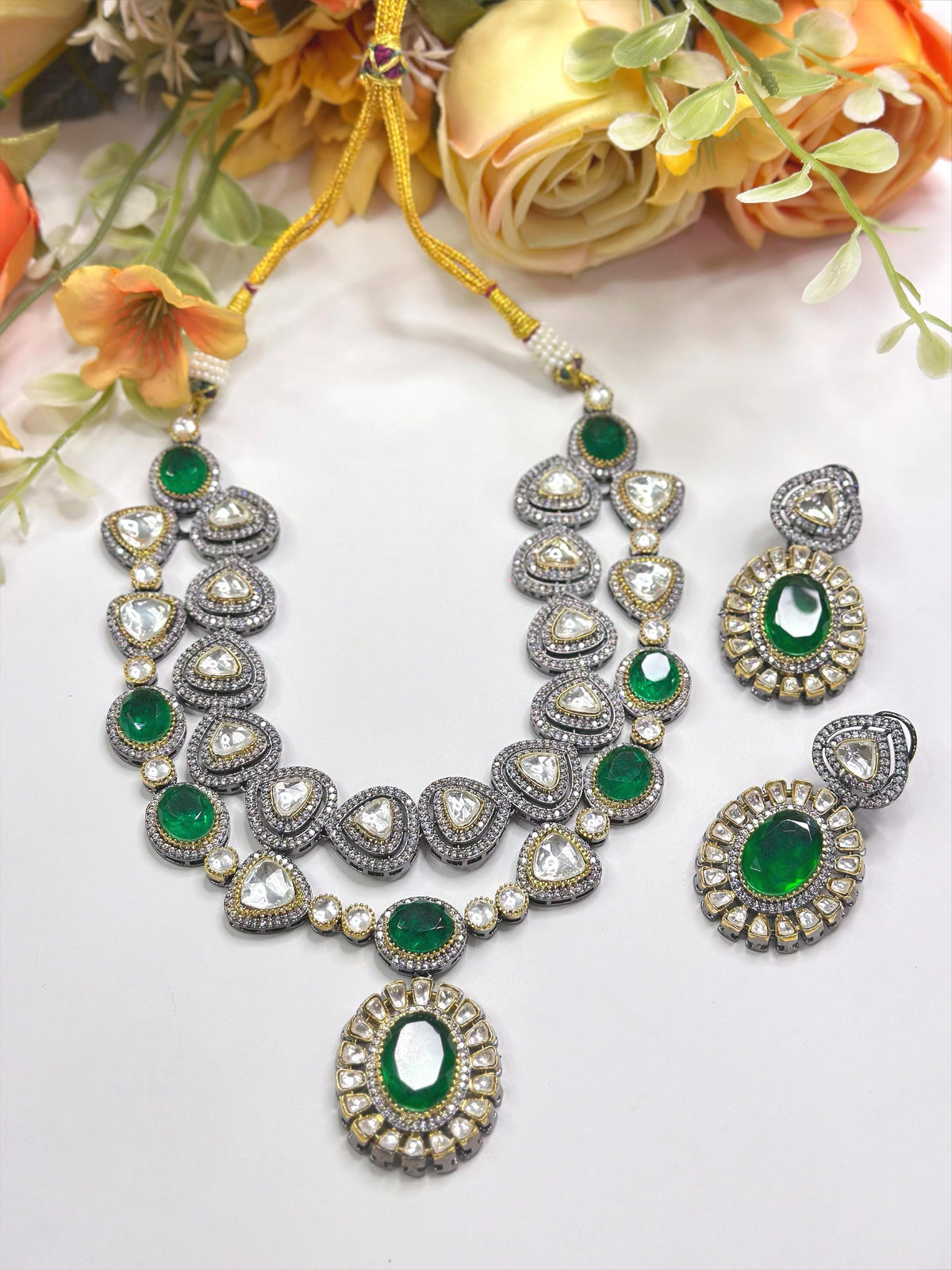 Emerald Green Polki Necklace Set with Matching Earrings | Kundan & AD Stone Bridal Set - Libasaa.com