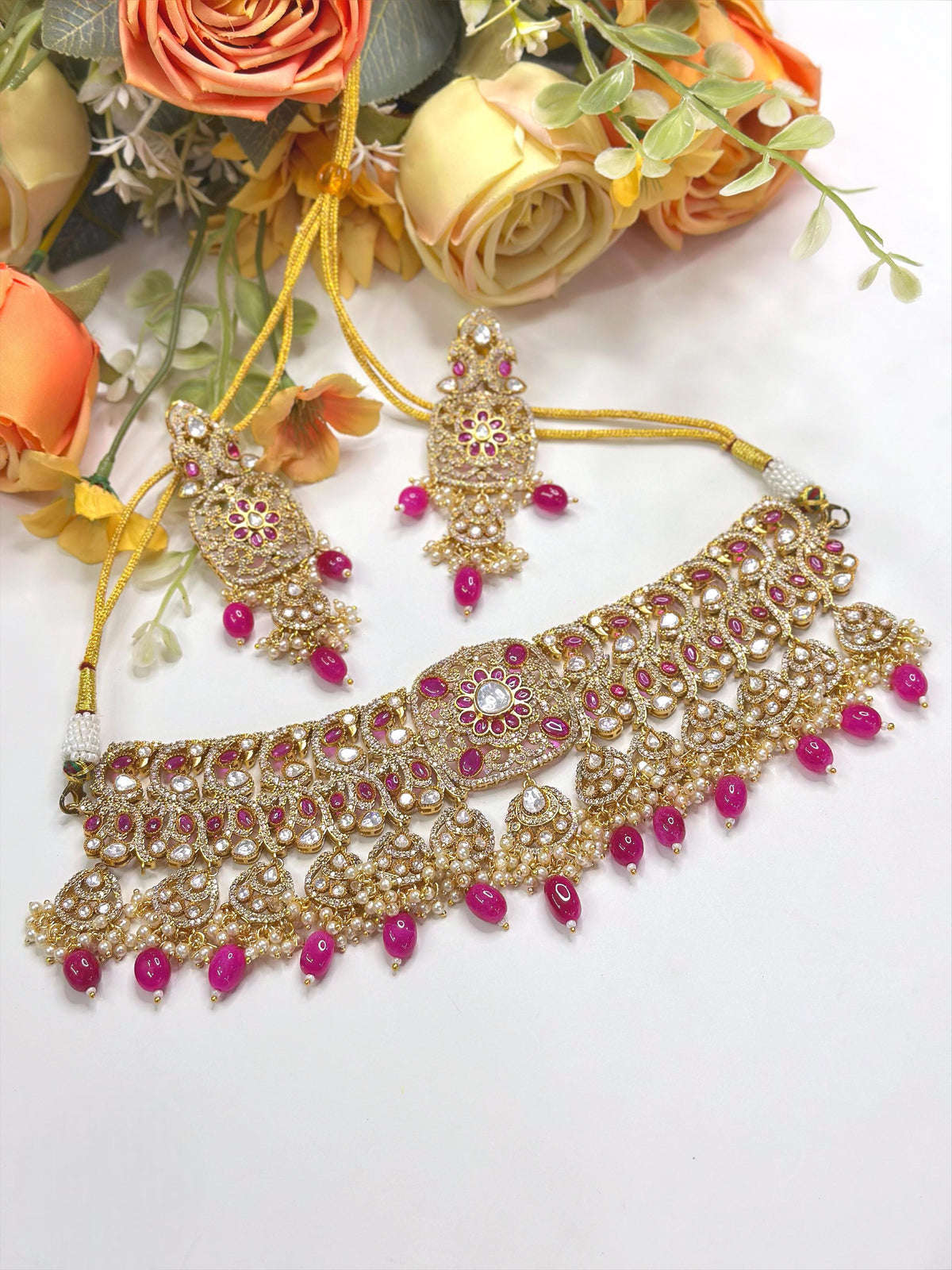 Royal Pink Beaded Choker Necklace Set | Kundan & Pearl Work with Matching Earrings - Libasaa.com