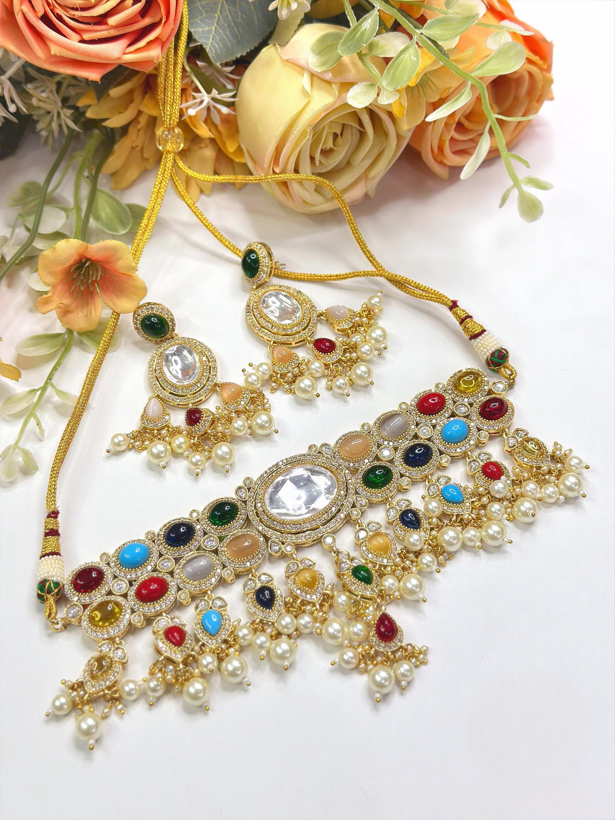 Multicolor Kundan Choker Necklace Set with Earrings | Indian Bridal Jewelry - Libasaa.com