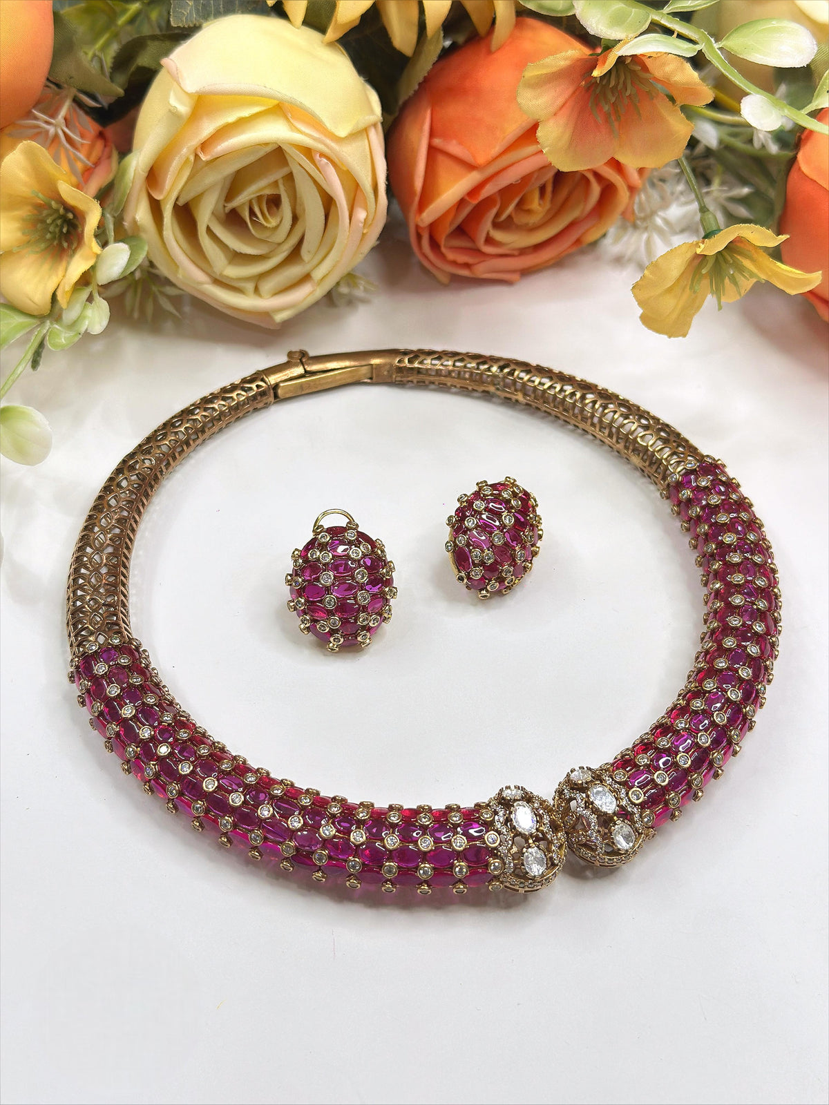 Emerald Green Enamel Collar Necklace Set with Earrings | Designer Statement Jewelry - Libasaa.com