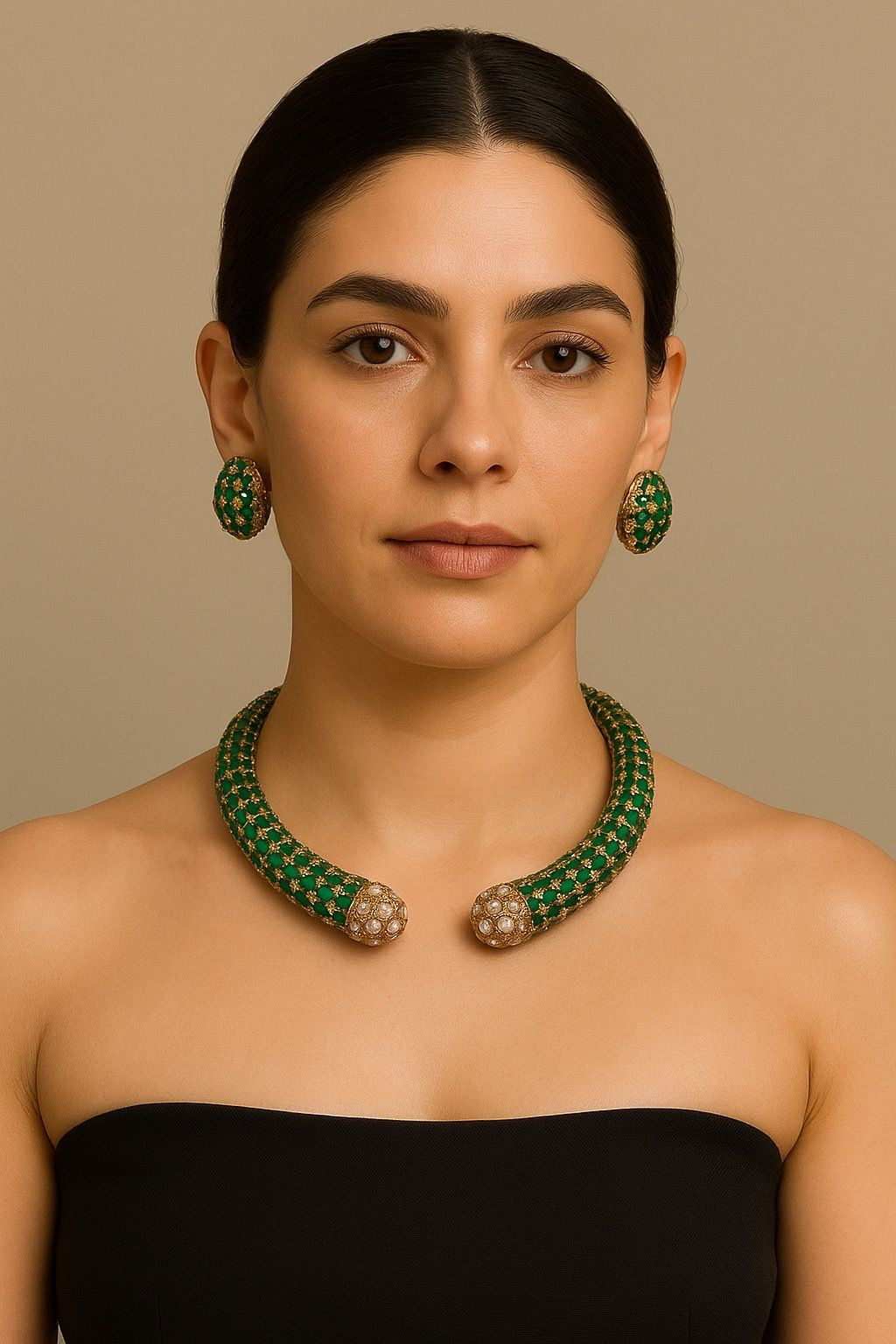 Emerald Green Enamel Collar Necklace Set with Earrings | Designer Statement Jewelry - Libasaa.com
