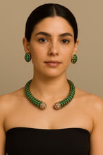 Emerald Green Enamel Collar Necklace Set with Earrings | Designer Statement Jewelry - Libasaa.com