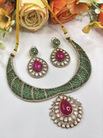 Green Emerald Choker Necklace Set with Ruby Pendant & Earrings | Bridal Statement Jewelry - Libasaa.com