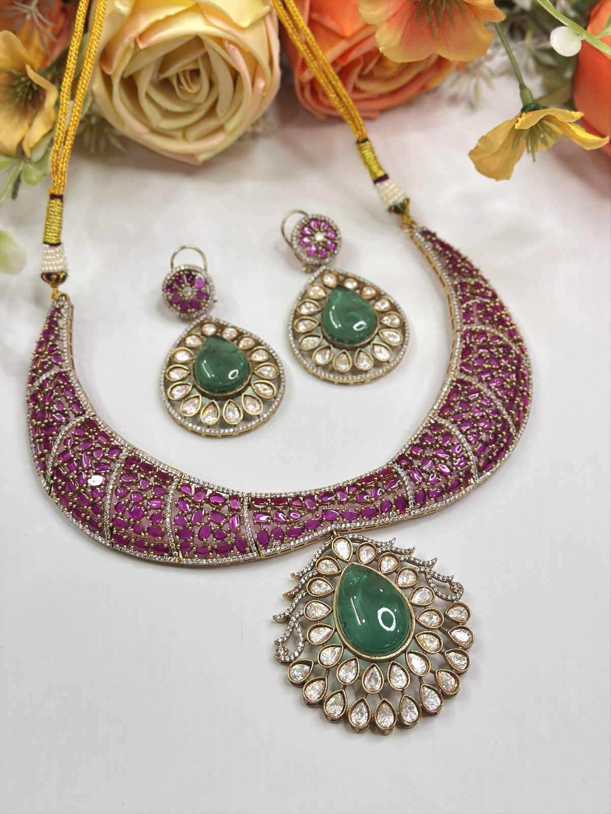 Green Emerald Choker Necklace Set with Ruby Pendant & Earrings | Bridal Statement Jewelry - Libasaa.com