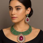 Green Emerald Choker Necklace Set with Ruby Pendant & Earrings | Bridal Statement Jewelry - Libasaa.com
