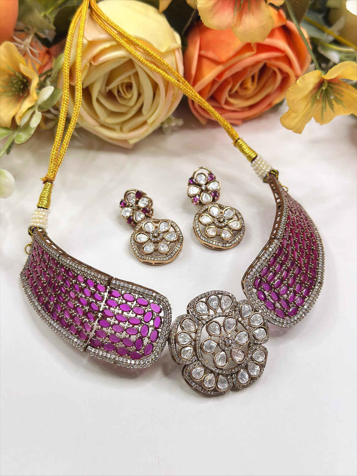 Blue Enamel Designer Choker Necklace Set with Earrings | Exclusive Festive Jewelry - Libasaa.com