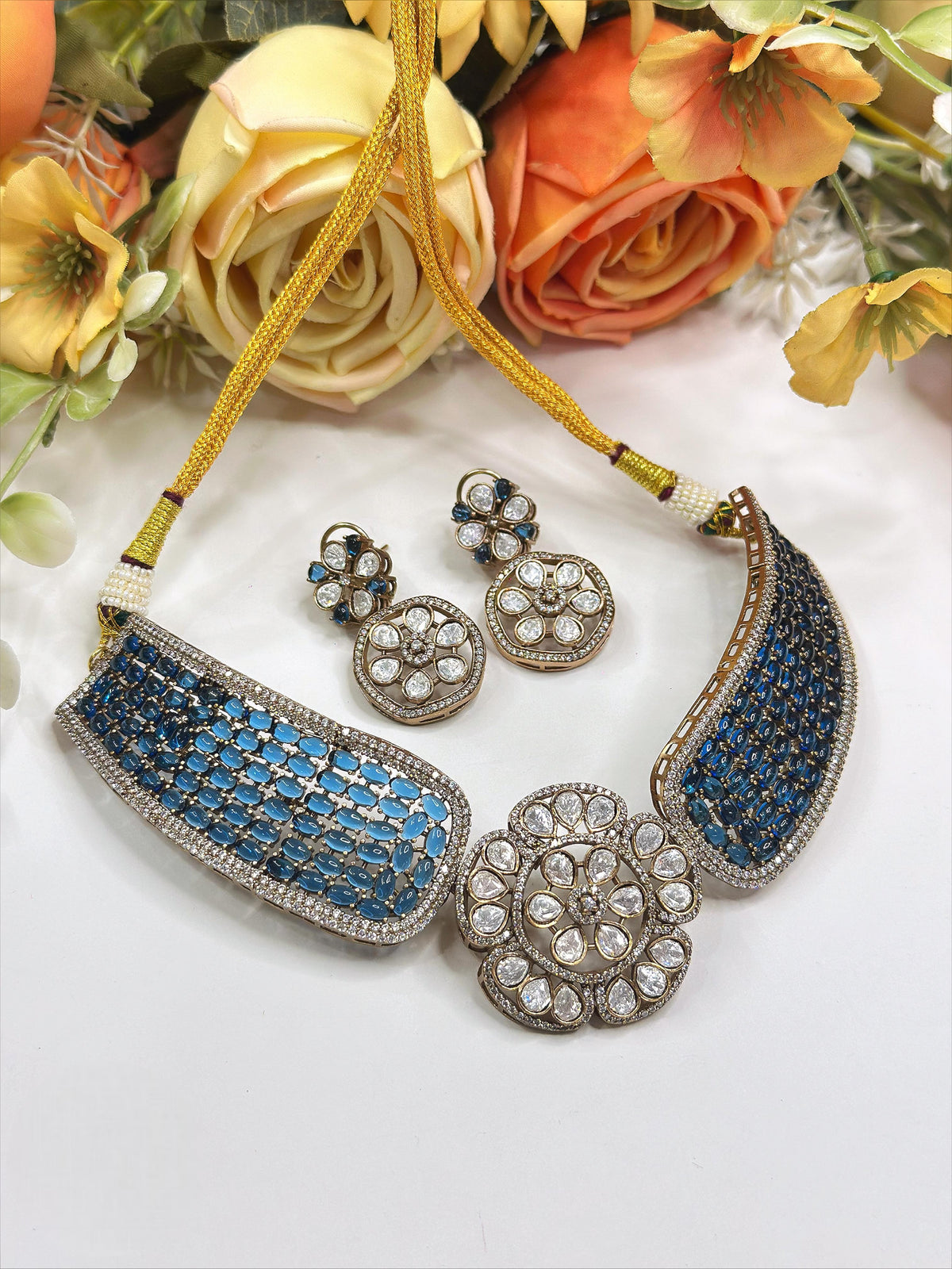 Blue Enamel Designer Choker Necklace Set with Earrings | Exclusive Festive Jewelry - Libasaa.com