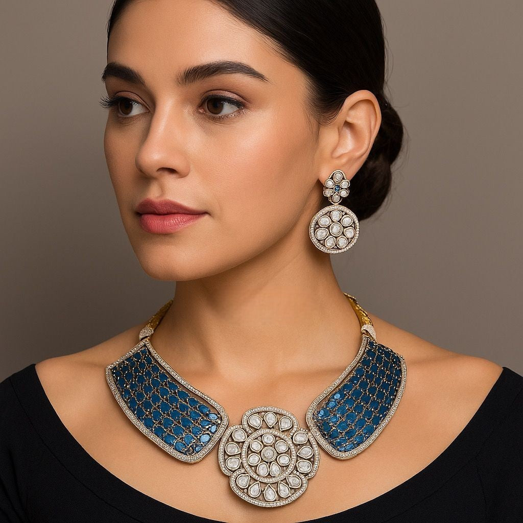 Blue Enamel Designer Choker Necklace Set with Earrings | Exclusive Festive Jewelry - Libasaa.com