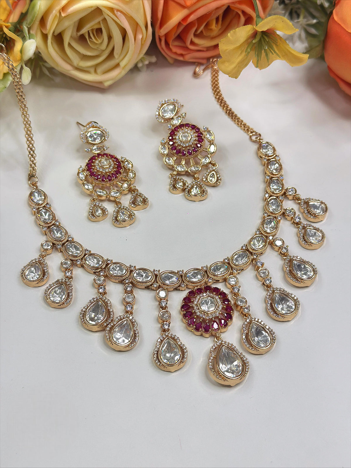 Gold-Plated Kundan Necklace Set with Ruby & Polki Stones | Bridal Jewelry - Libasaa.com