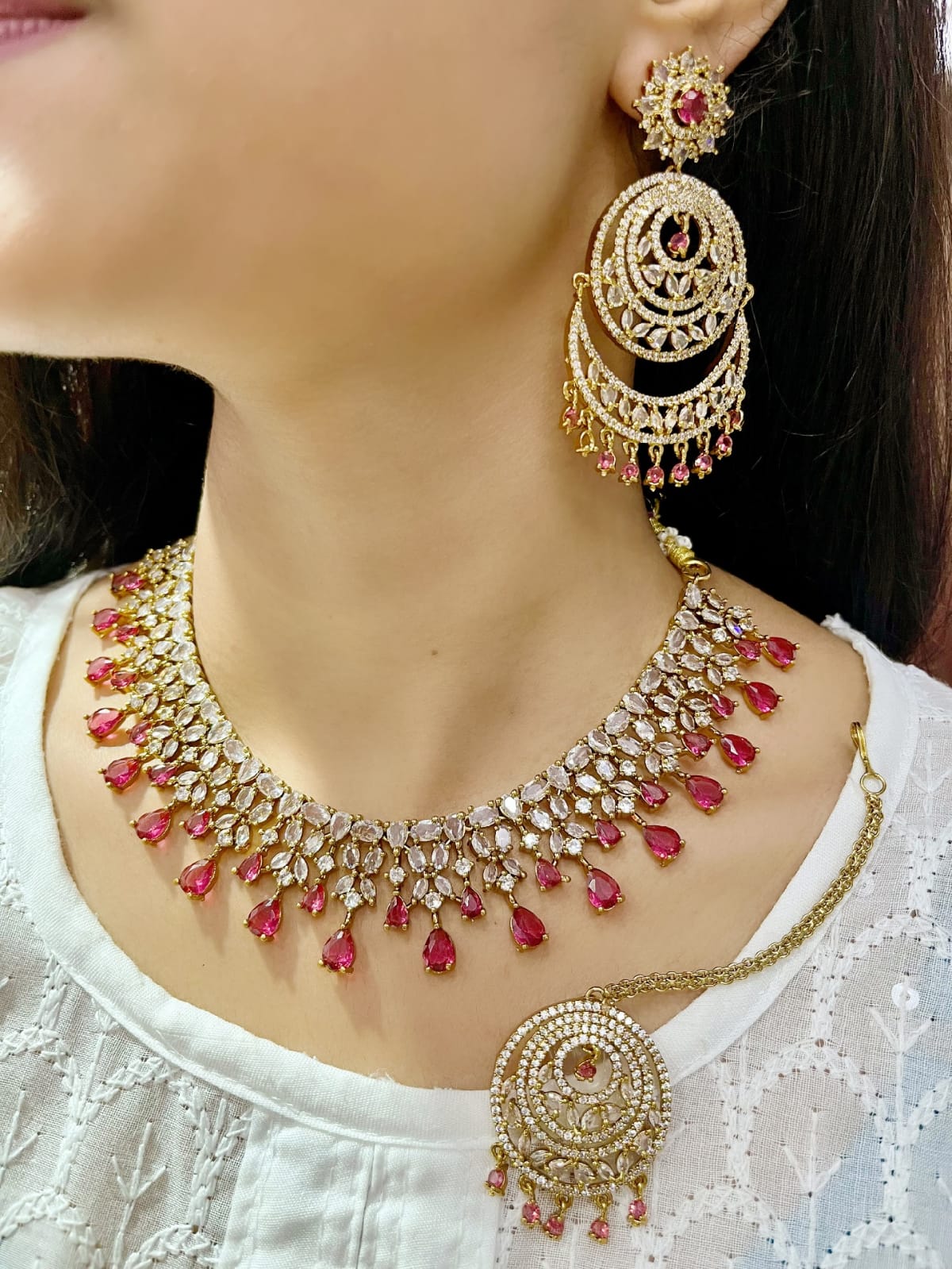 Royal Emerald Green CZ Necklace Set Choker, Earrings & Maang Tikka - Libasaa.com