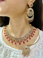 Royal Emerald Green CZ Necklace Set Choker, Earrings & Maang Tikka - Libasaa.com