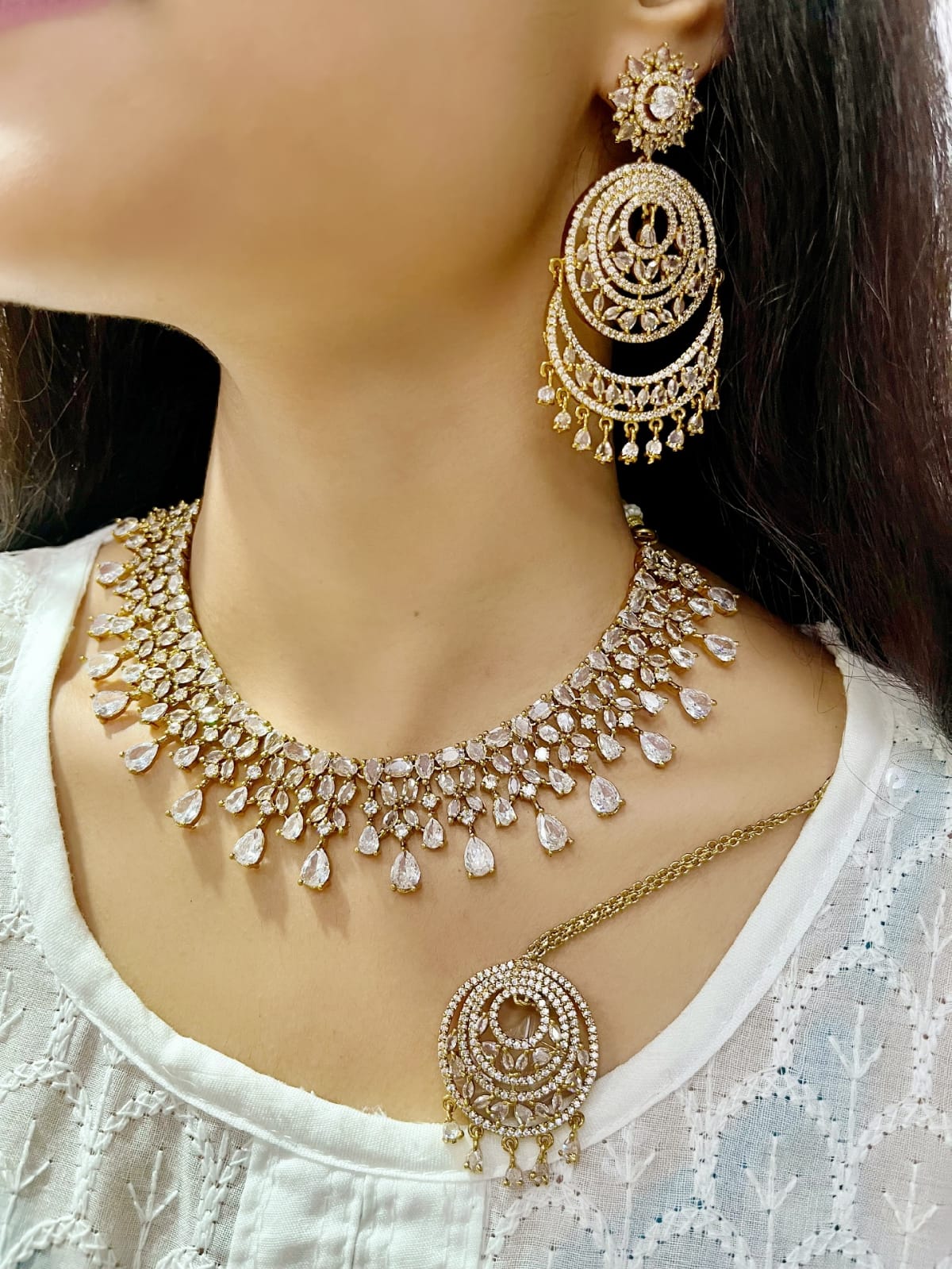 Royal Emerald Green CZ Necklace Set Choker, Earrings & Maang Tikka - Libasaa.com