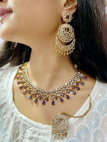 Royal Emerald Green CZ Necklace Set Choker, Earrings & Maang Tikka - Libasaa.com