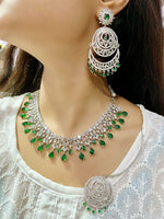Royal Emerald Green CZ Necklace Set β Choker, Earrings & Maang Tikka - Libasaa.com
