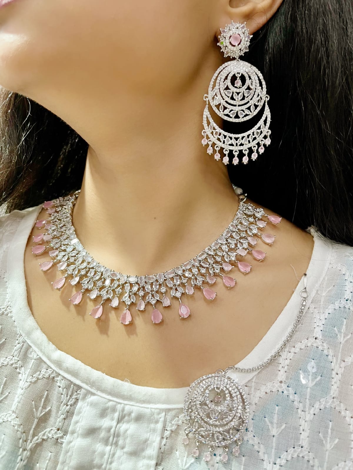 Royal Emerald Green CZ Necklace Set β Choker, Earrings & Maang Tikka - Libasaa.com