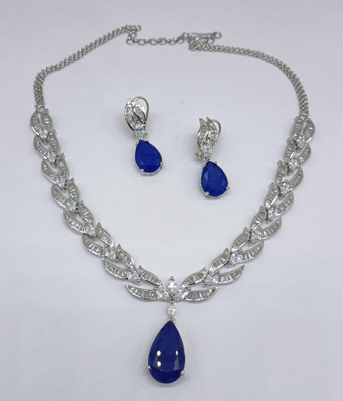 Royal Blue Teardrop Necklace Set with Earrings | Silver-Plated CZ Jewelry - Libasaa.com