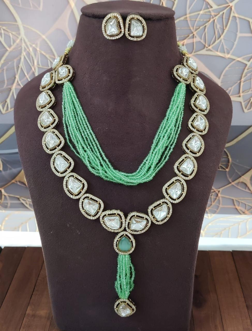 Green Beaded Kundan Necklace Set with Earrings | Traditional Indian Bridal Jewelry - Libasaa.com