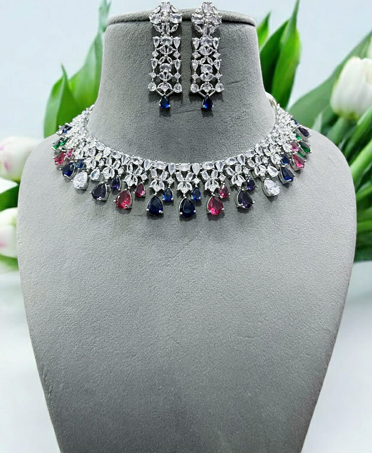 Elegant Purple Stone Necklace Set with Matching Earrings | Bridal & Party Jewelry - Libasaa.com