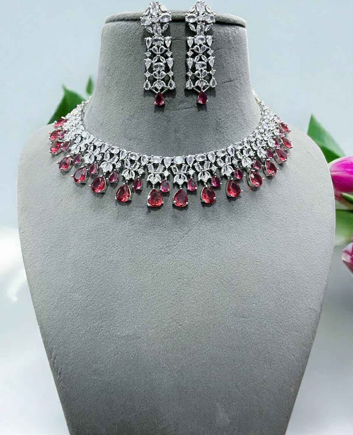 Elegant Purple Stone Necklace Set with Matching Earrings | Bridal & Party Jewelry - Libasaa.com