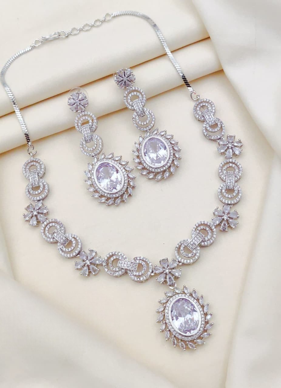 Elegant Silver-Plated Necklace & Earring Set with Green Stone & CZ Diamonds - Libasaa.com