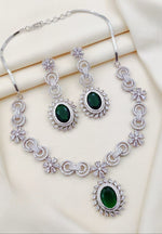 Elegant Silver-Plated Necklace & Earring Set with Green Stone & CZ Diamonds - Libasaa.com