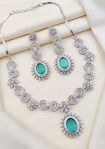 Elegant Silver-Plated Necklace & Earring Set with Green Stone & CZ Diamonds - Libasaa.com