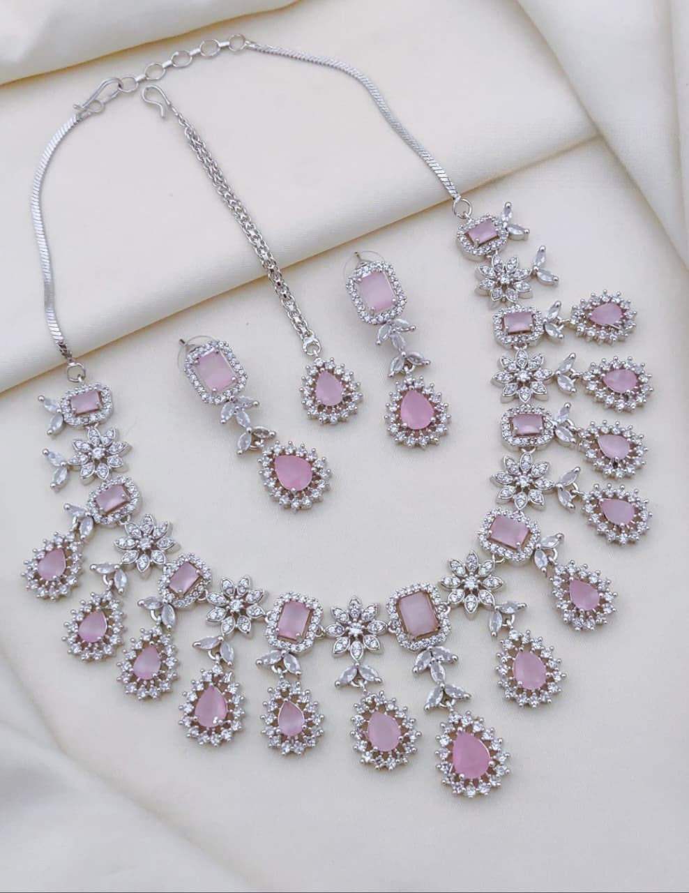 Multicolor CZ Stone Bridal Jewelry Set with Maang Tikka β Necklace, Earrings - Libasaa.com