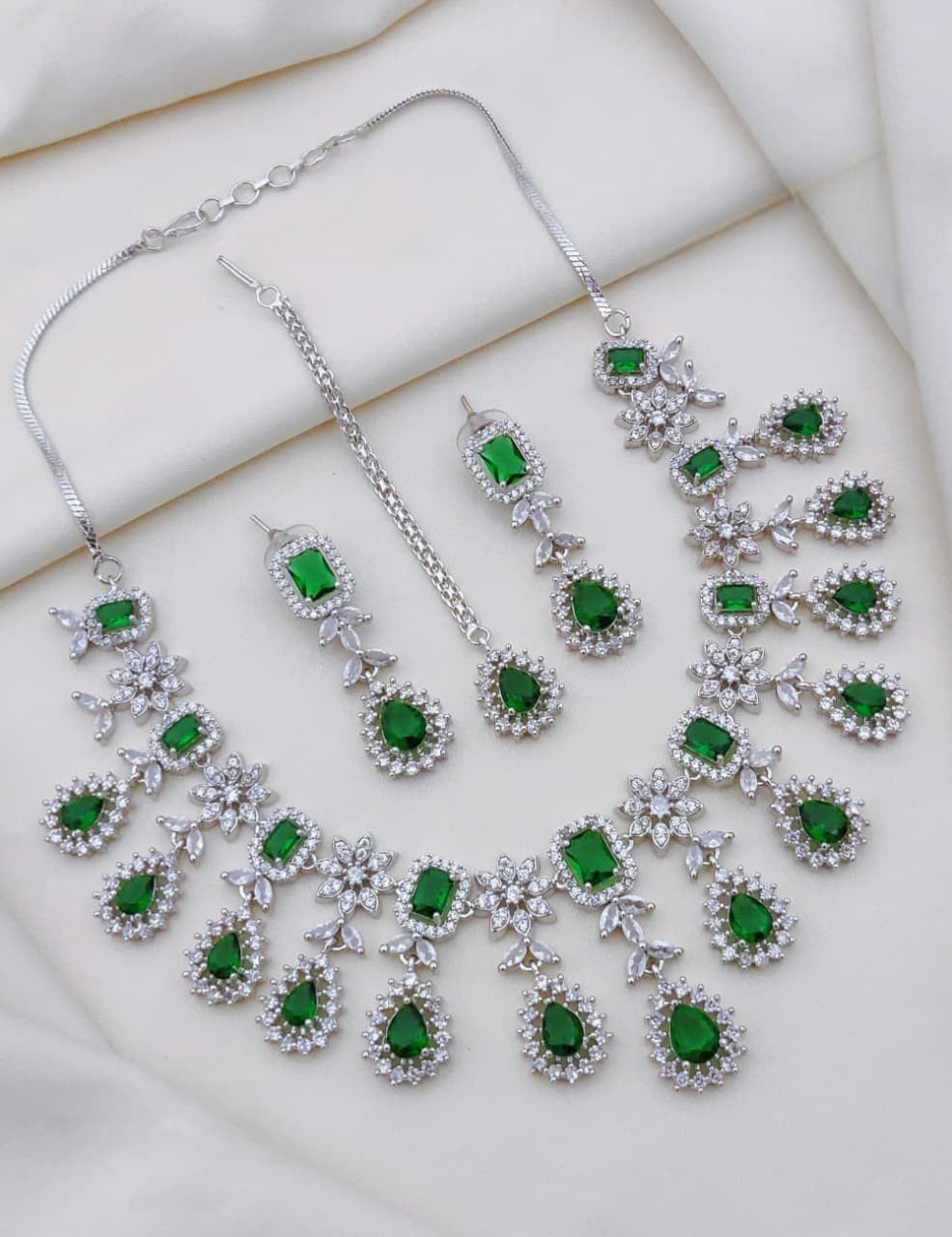 Multicolor CZ Stone Bridal Jewelry Set with Maang Tikka β Necklace, Earrings - Libasaa.com