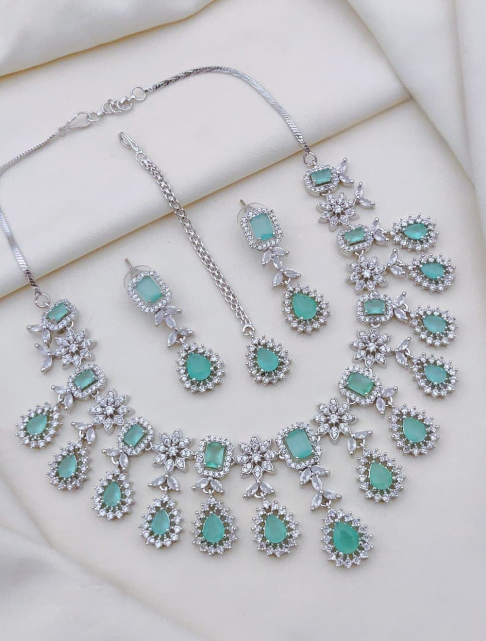 Multicolor CZ Stone Bridal Jewelry Set with Maang Tikka β Necklace, Earrings - Libasaa.com