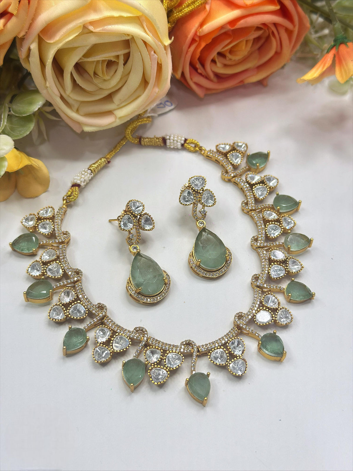 Graceful Pink Stone Necklace & Earrings Set β Bridal & Festive Jewelry - Libasaa.com