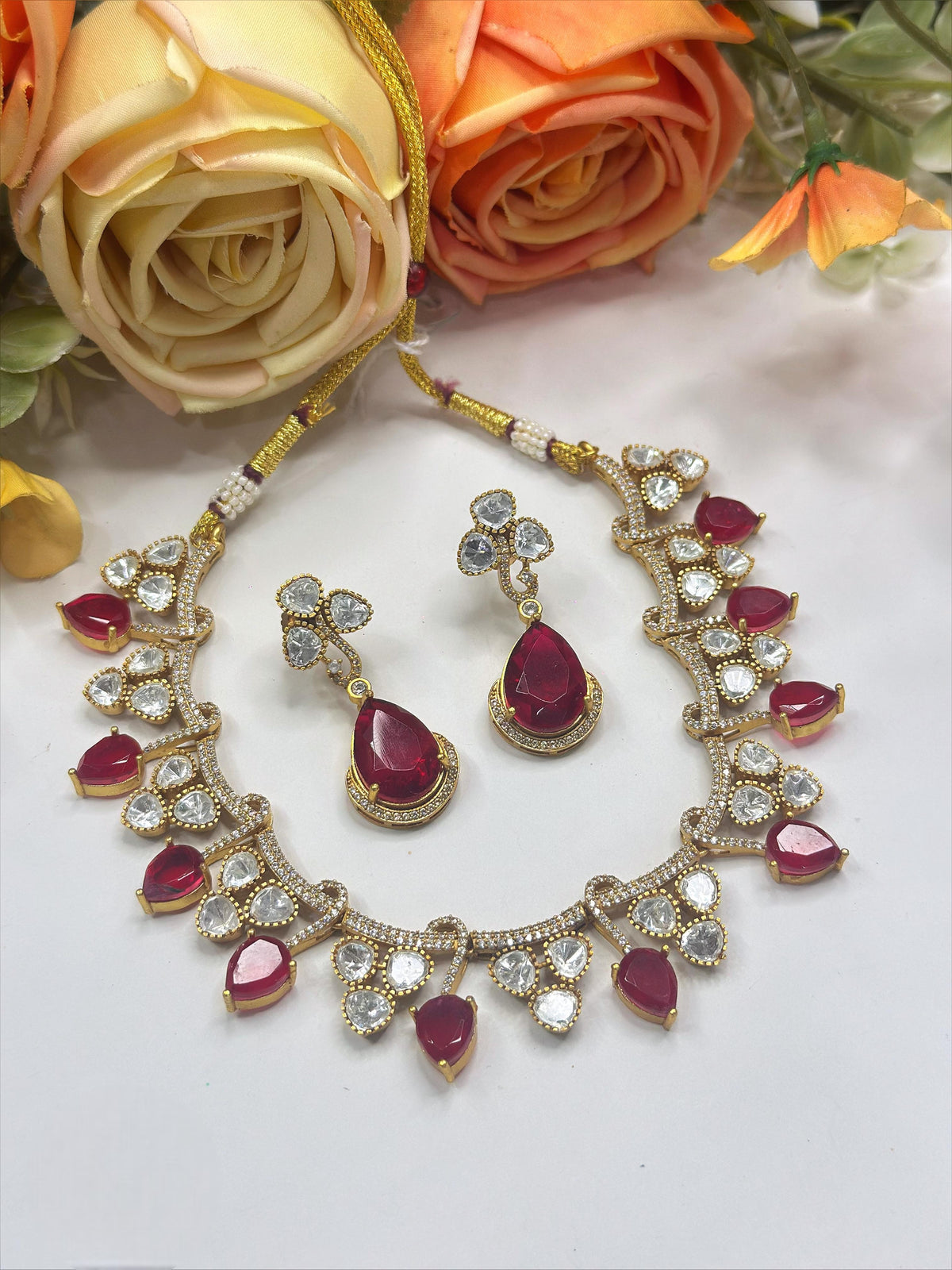 Graceful Pink Stone Necklace & Earrings Set β Bridal & Festive Jewelry - Libasaa.com