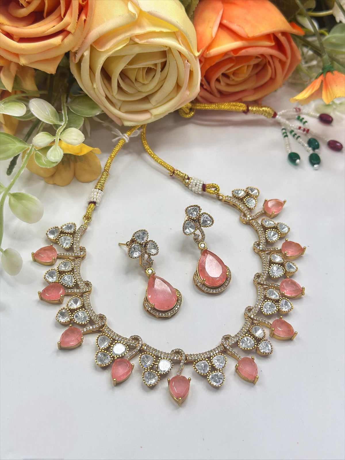 Graceful Pink Stone Necklace & Earrings Set β Bridal & Festive Jewelry - Libasaa.com