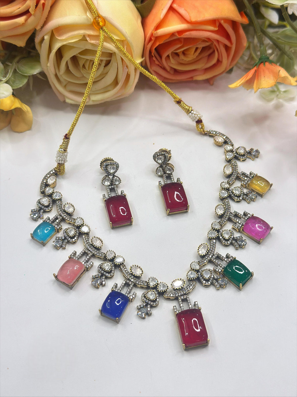 Multicolor Gemstone Necklace & Earrings Set – Bridal & Festive Statement Jewelry - Libasaa.com