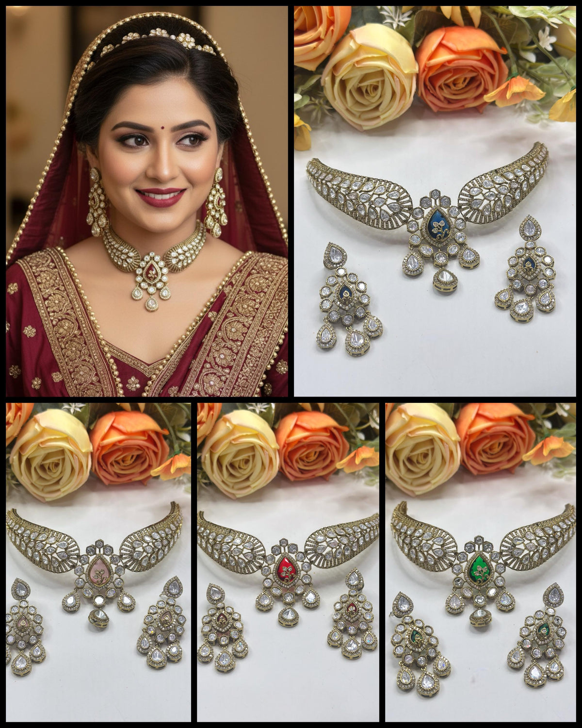 Royal Kundan Choker Necklace & Earrings Set β Bridal Wedding Jewelry - Libasaa.com