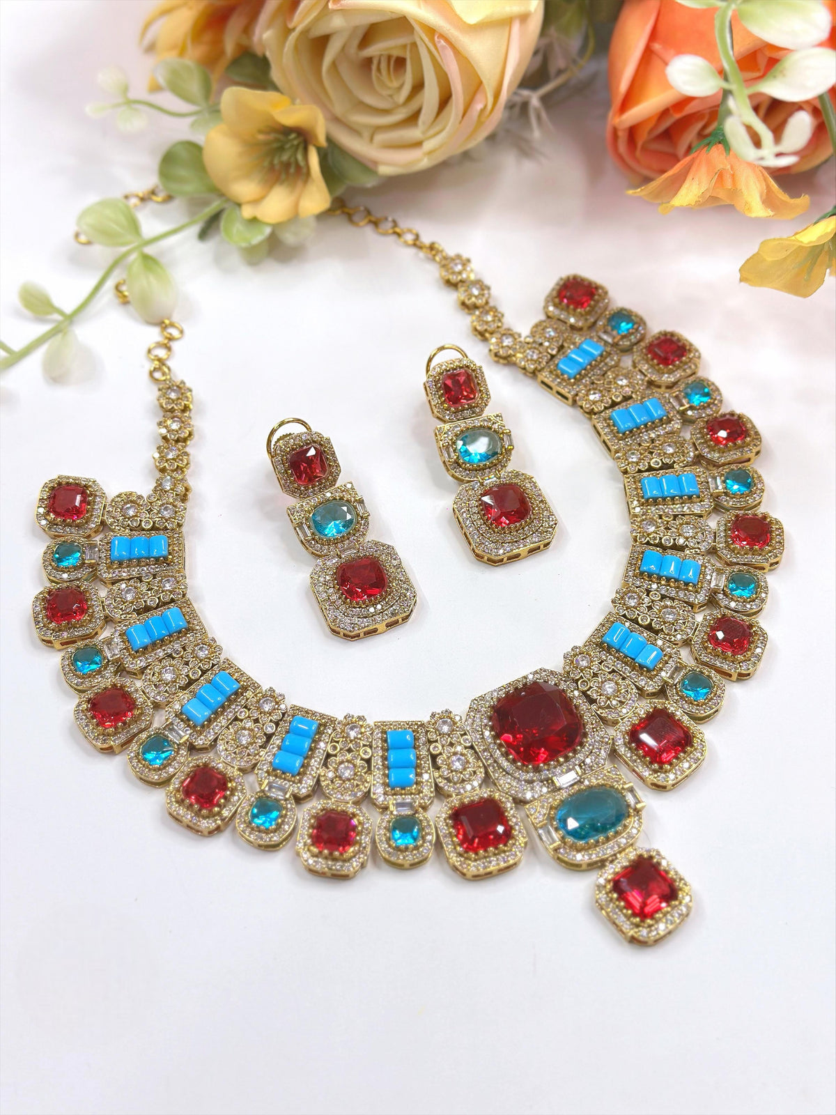 Emerald & Ruby Toned Kundan Choker Necklace Set β Bridal Statement Jewelry - Libasaa.com