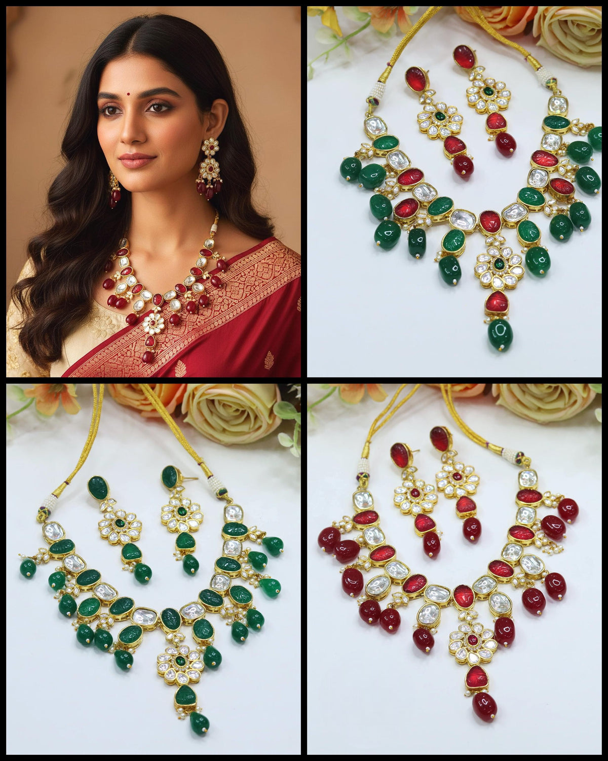 Kundan Bridal Necklace & Earrings Set β Traditional Wedding Jewelry - Libasaa.com