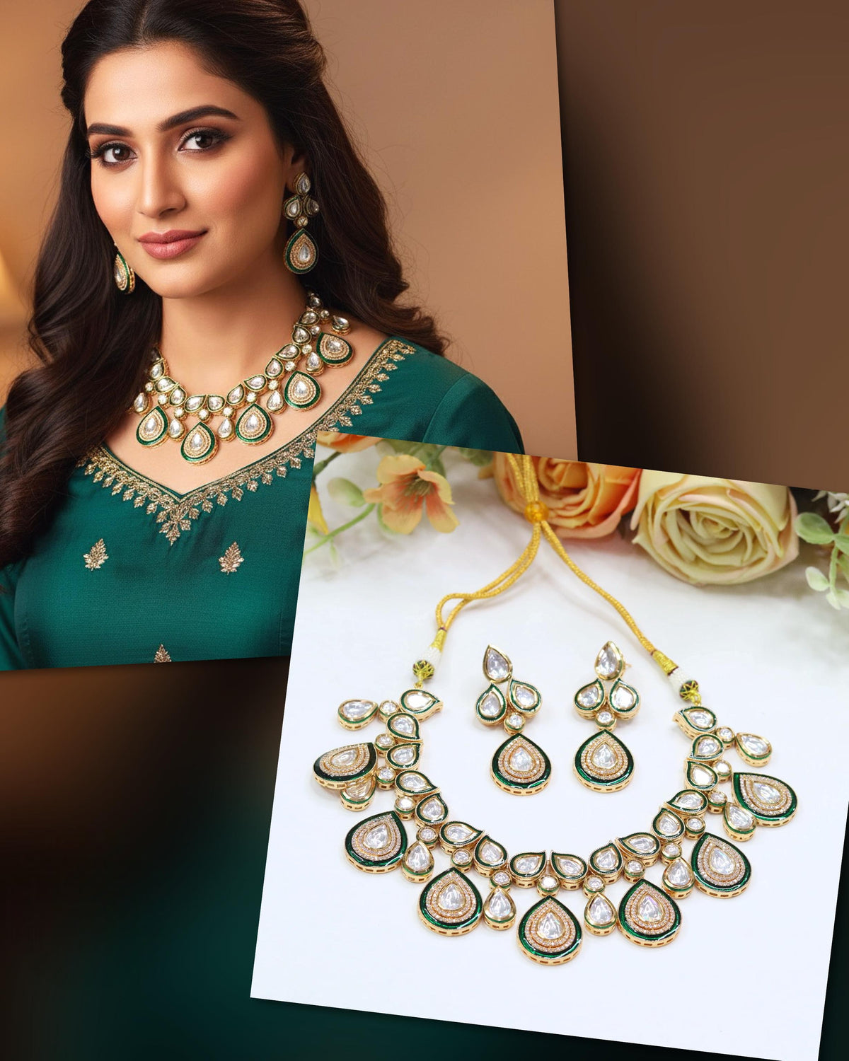 Kundan Stone Bridal Necklace & Earrings Set – Traditional Wedding Jewelry - Libasaa.com