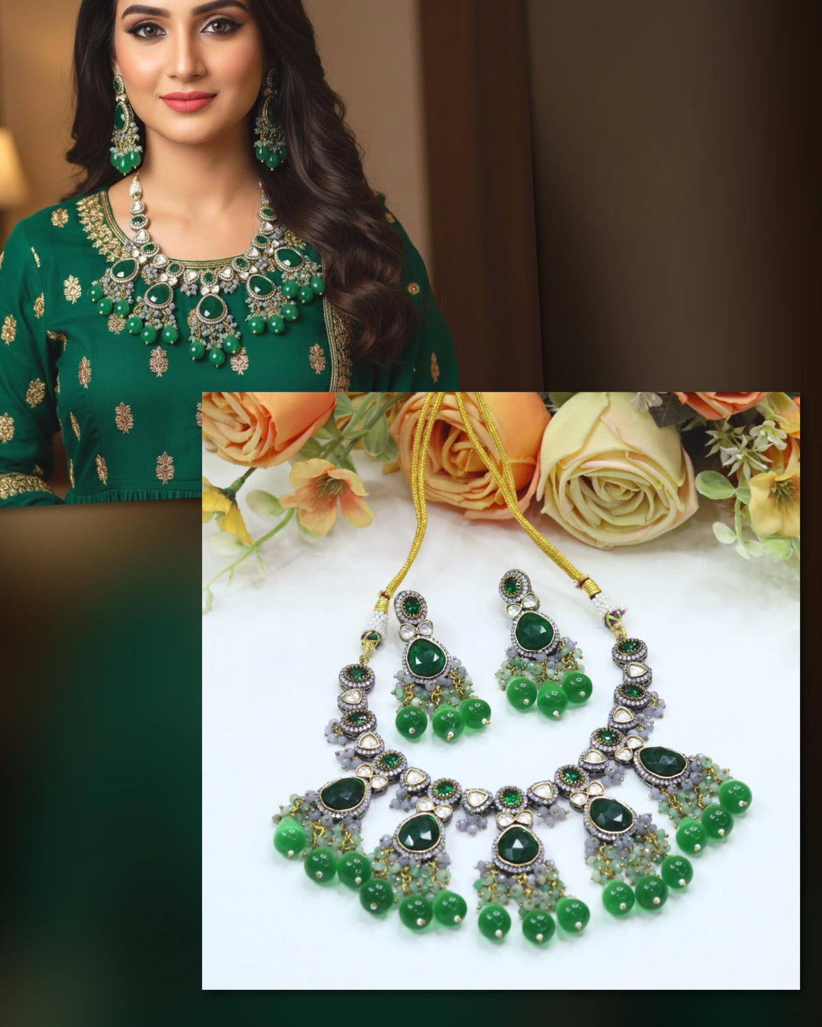 Green Kundan Bridal Necklace & Earrings Set – Traditional Wedding Jewelry - Libasaa.com