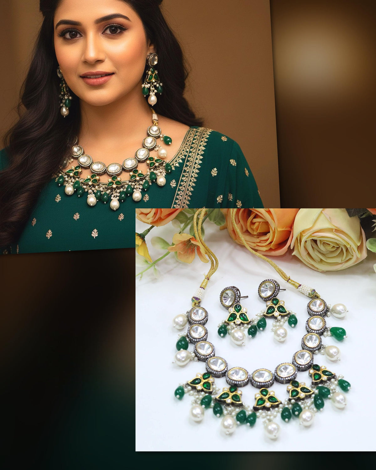 White & Green Kundan Bridal Necklace & Earrings Set – Elegant Wedding Jewelry - Libasaa.com