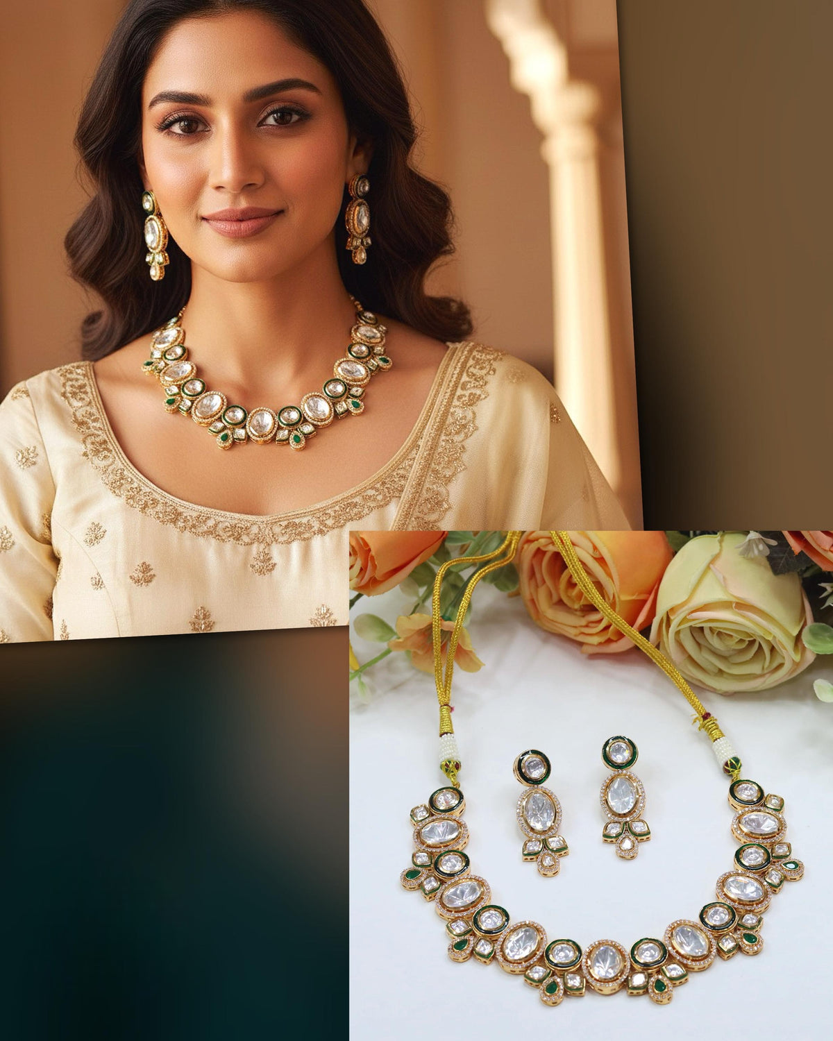 White & Green Kundan Bridal Necklace & Earrings Set – Elegant Wedding Jewelry - Libasaa.com