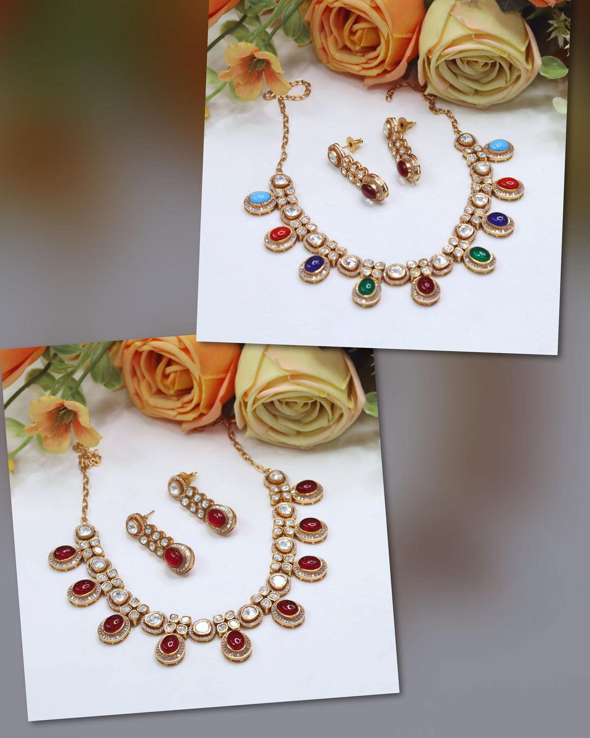 Multicolor Kundan Bridal Necklace & Earrings Set – Elegant Wedding Jewelry - Libasaa.com